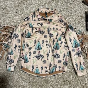 Fringe Western Shirt with Cactus and Teepee Print